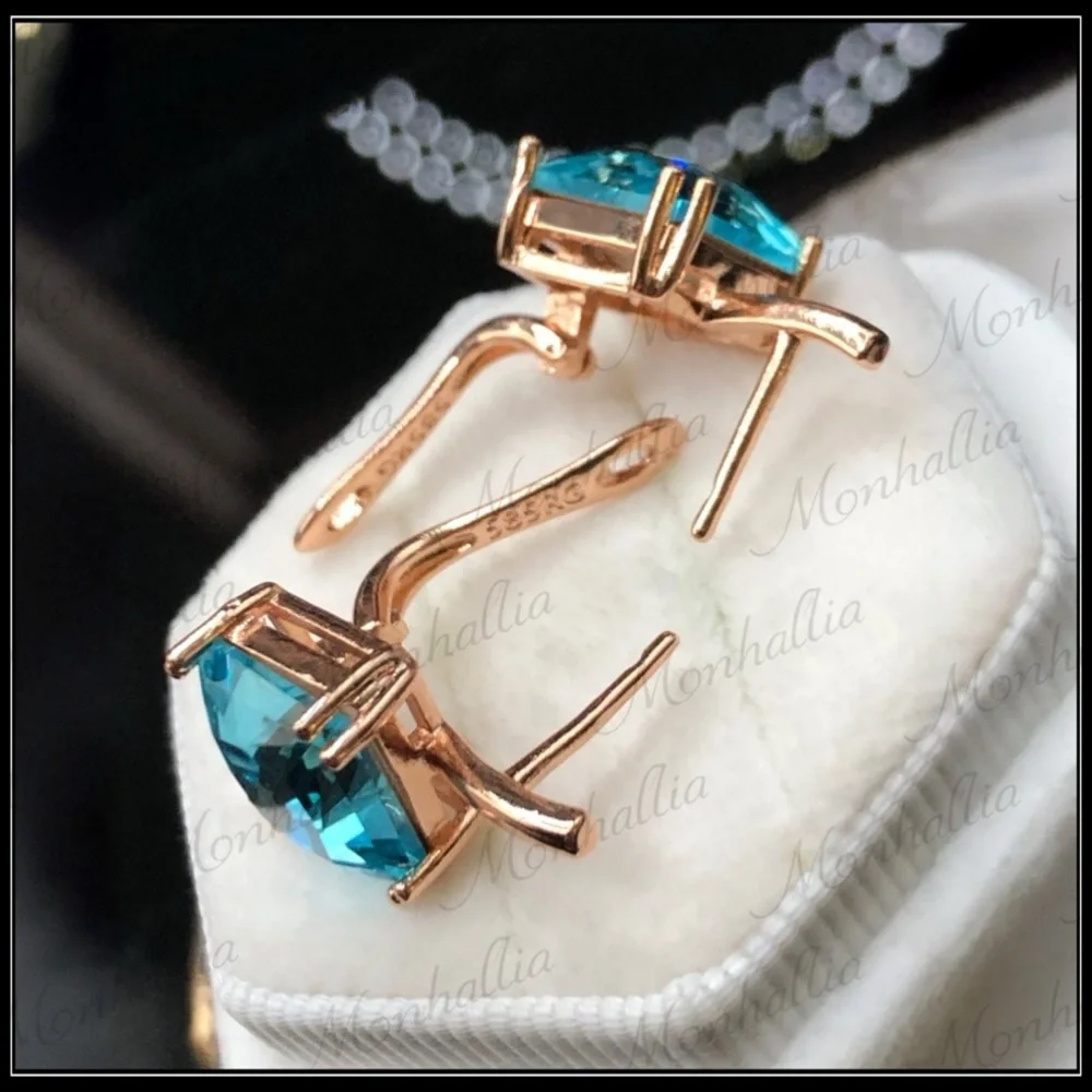 NEW 585 ROSE GOLD BLUE TOPAZ PRISM SQUARE CUT HOOK EARRINGS
